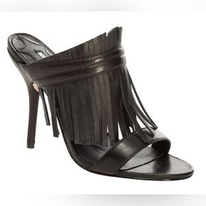 Leon Max Black Padma Leather Sandal Heel with Fringe Size 7